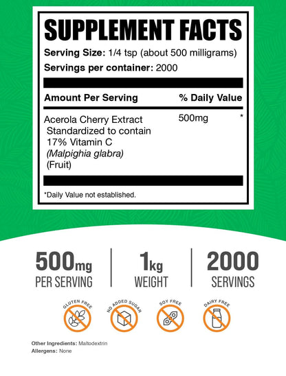 BulkSupplements Acerola Cherry Extract Powder – 500mg per Serving, Natural Vitamin C, Vegan & Gluten Free, 1kg