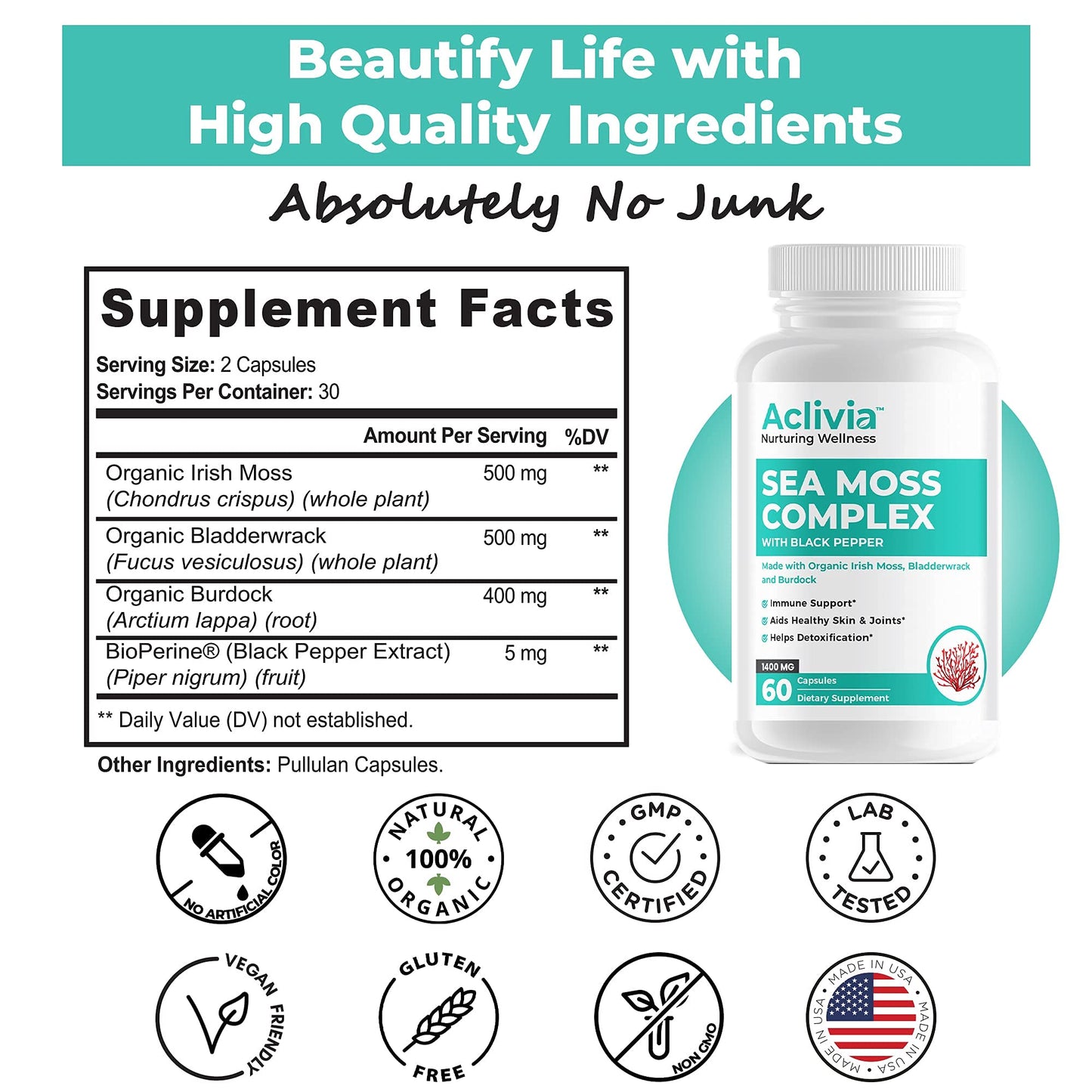 Aclivia Organic Irish Sea Moss Capsules with Bladderwrack & Burdock Root | 102 Minerals - Thyroid Support, Immune Boost - Non-GMO (60 Count)