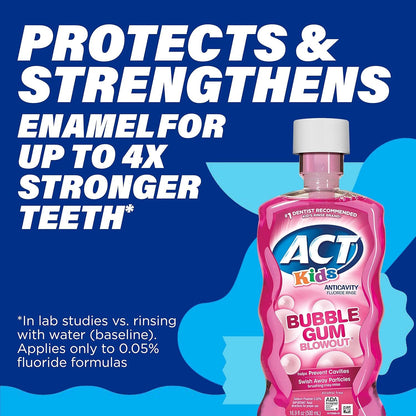 ACT Kids Fluoride Rinse Bubblegum Blowout Flavor – 18 oz Bottles (Pack of 3)