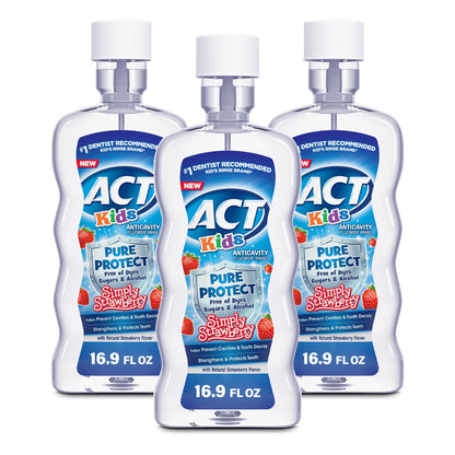 ACT Kids Anticavity Fluoride Mouthwash, Simply Strawberry, 16.9 fl oz Pack of 3