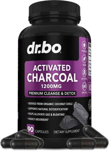 Activated Charcoal Capsules Detox 1200mg – Organic Coconut Charcoal Pills for Gas & Bloating Relief