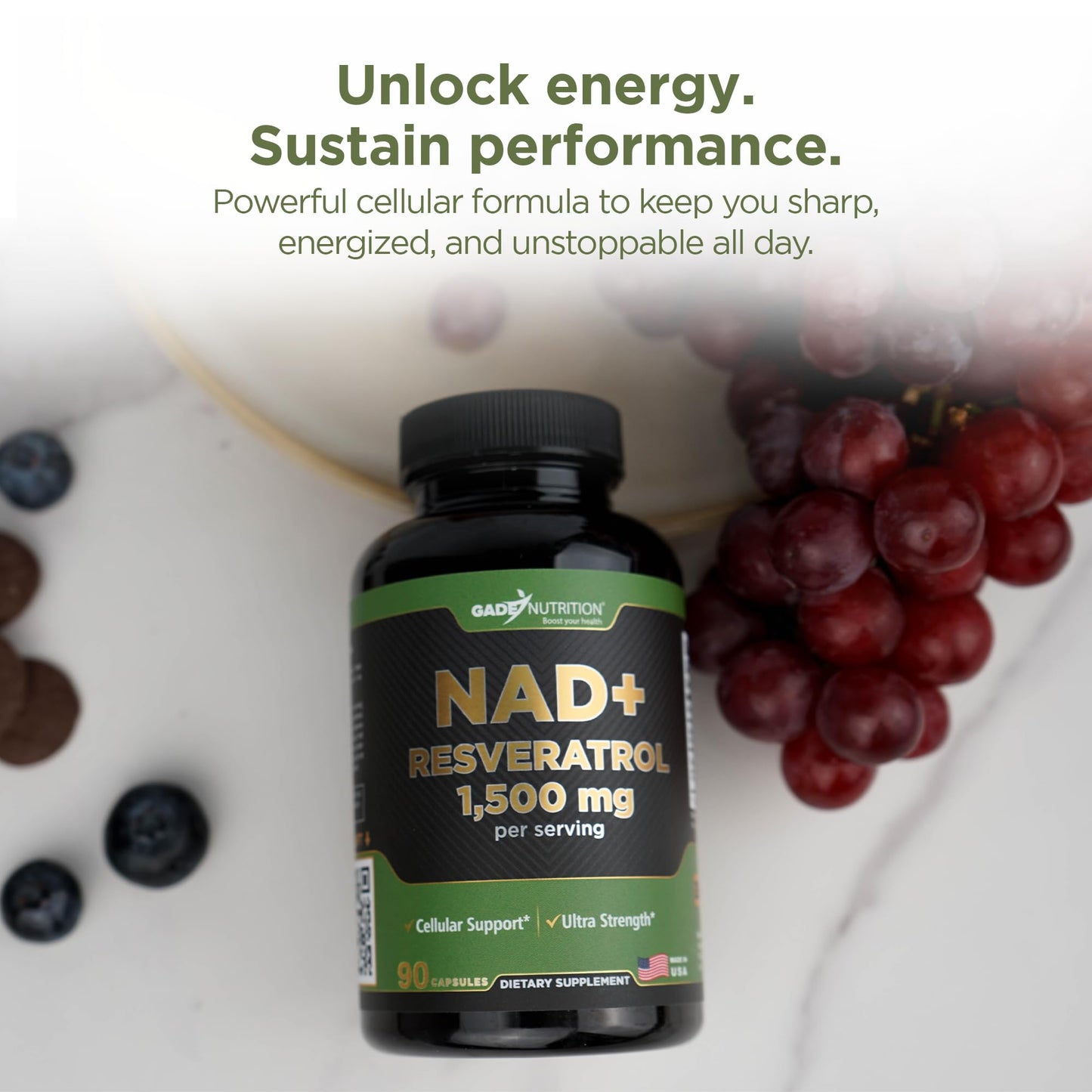 Gade Nutrition NAD+ with Resveratrol Supplement | Made in USA | Healthy Aging & Antioxidant