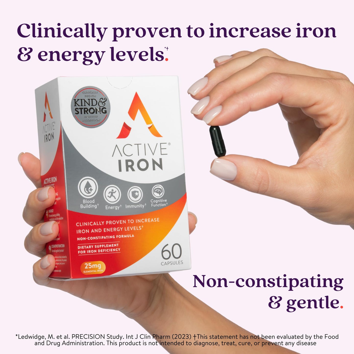 Active Iron Supplement 25mg – Clinically Proven to Increase Iron & Energy Levels – Gentle, Non-Constipating, Highly Absorbed – 60 Capsules