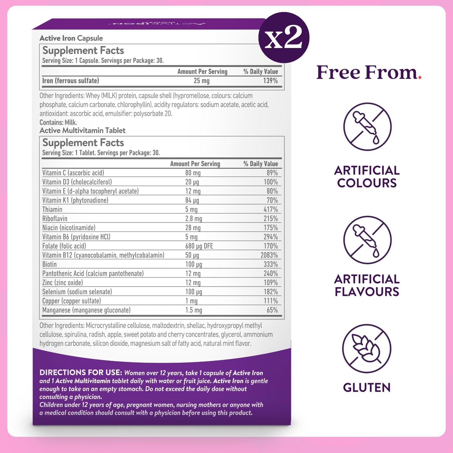 ActiveIron Iron + Multivitamin for Women – Gentle 25mg Iron, Non-Constipating | 60 Capsules + 60 Tablets