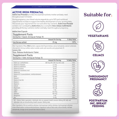 Active Iron Prenatal | Iron + Time-Release Prenatal Vitamins for Women (60 Capsules)