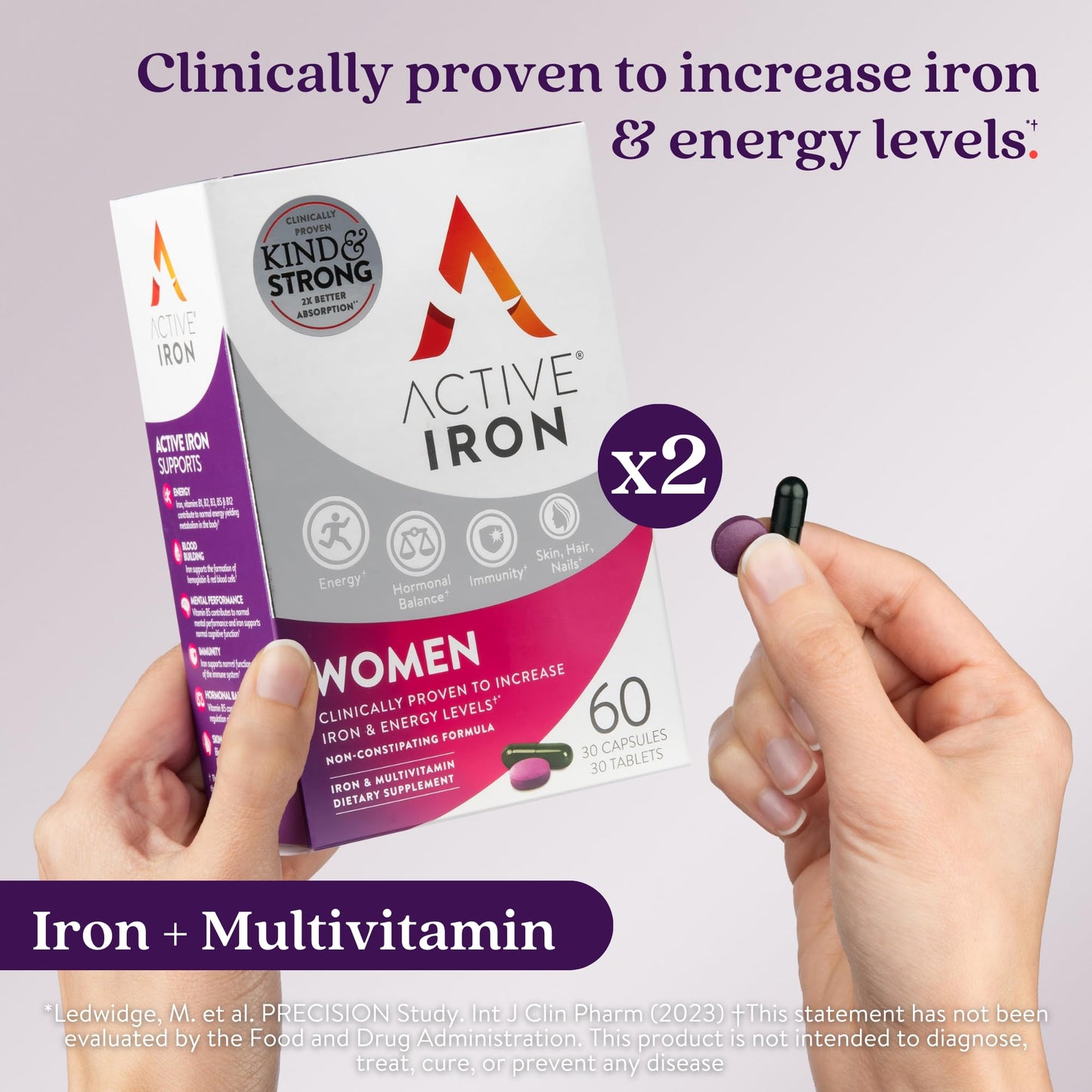 ActiveIron Iron + Multivitamin for Women – Gentle 25mg Iron, Non-Constipating | 60 Capsules + 60 Tablets