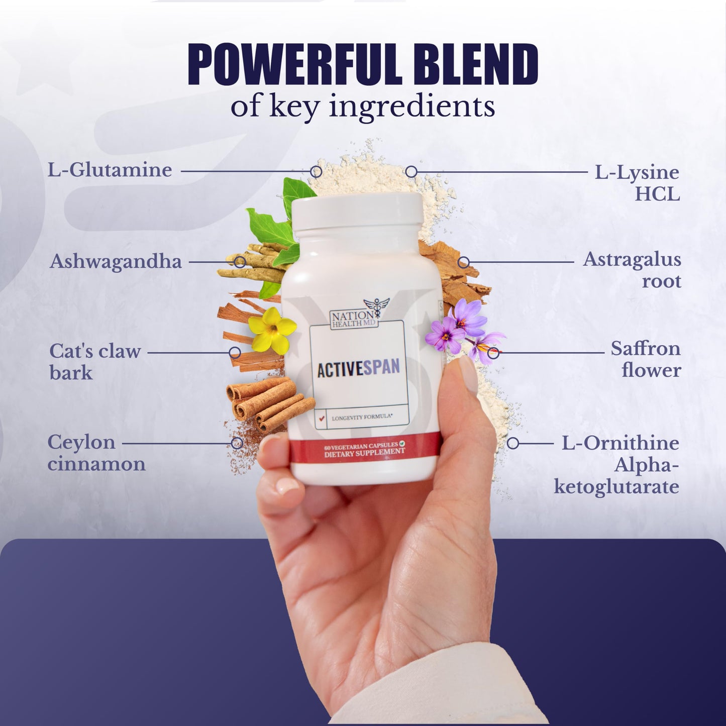 NATION HEALTH MD ActiveSpan Longevity Formula – Telomere Support with Ashwagandha & Cat’s Claw (60 Capsules)