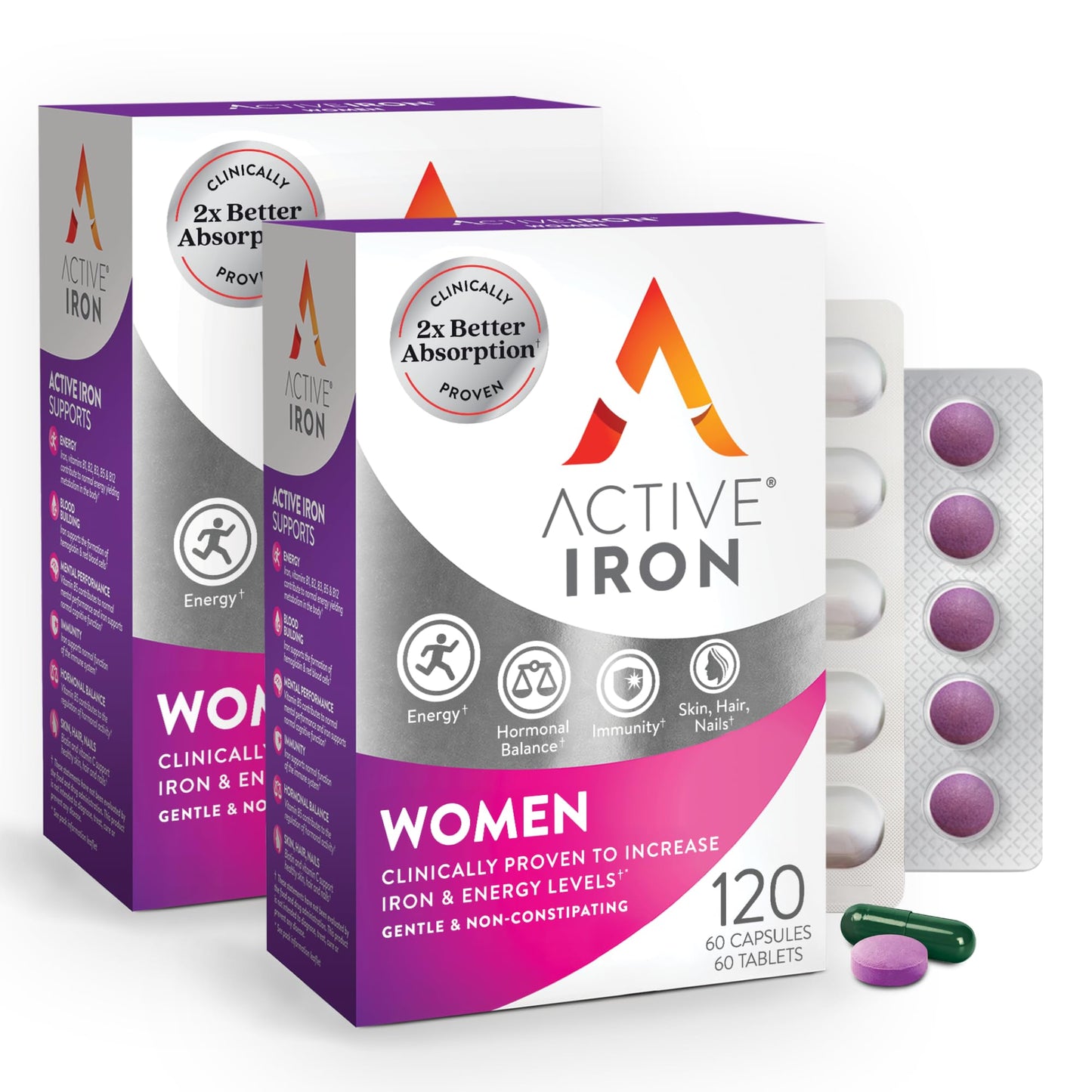 ActiveIron Iron + Multivitamin for Women – Gentle 25mg Iron, Non-Constipating | 60 Capsules + 60 Tablets