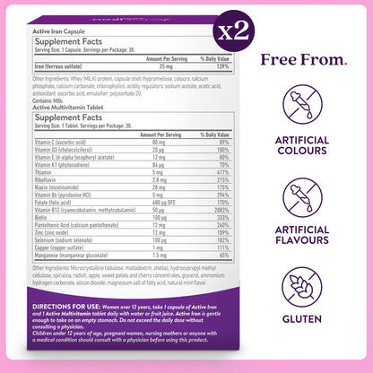 ActiveIron Iron + Multivitamin for Women – Gentle 25mg Iron, Non-Constipating | 60 Capsules + 60 Tablets