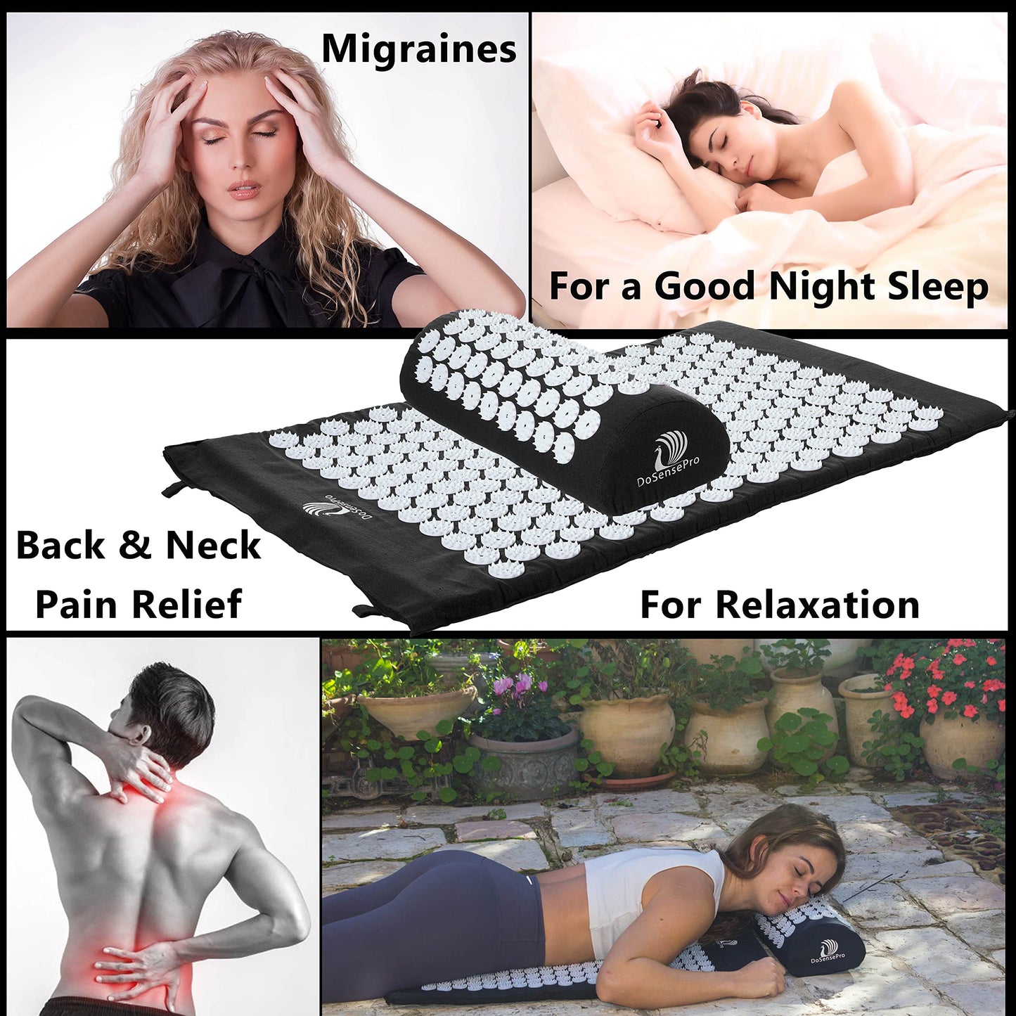 Acupressure Mat & Pillow Set - Back Pain Relief, Sleep Aid, Recovery (Black) | 29-Inch