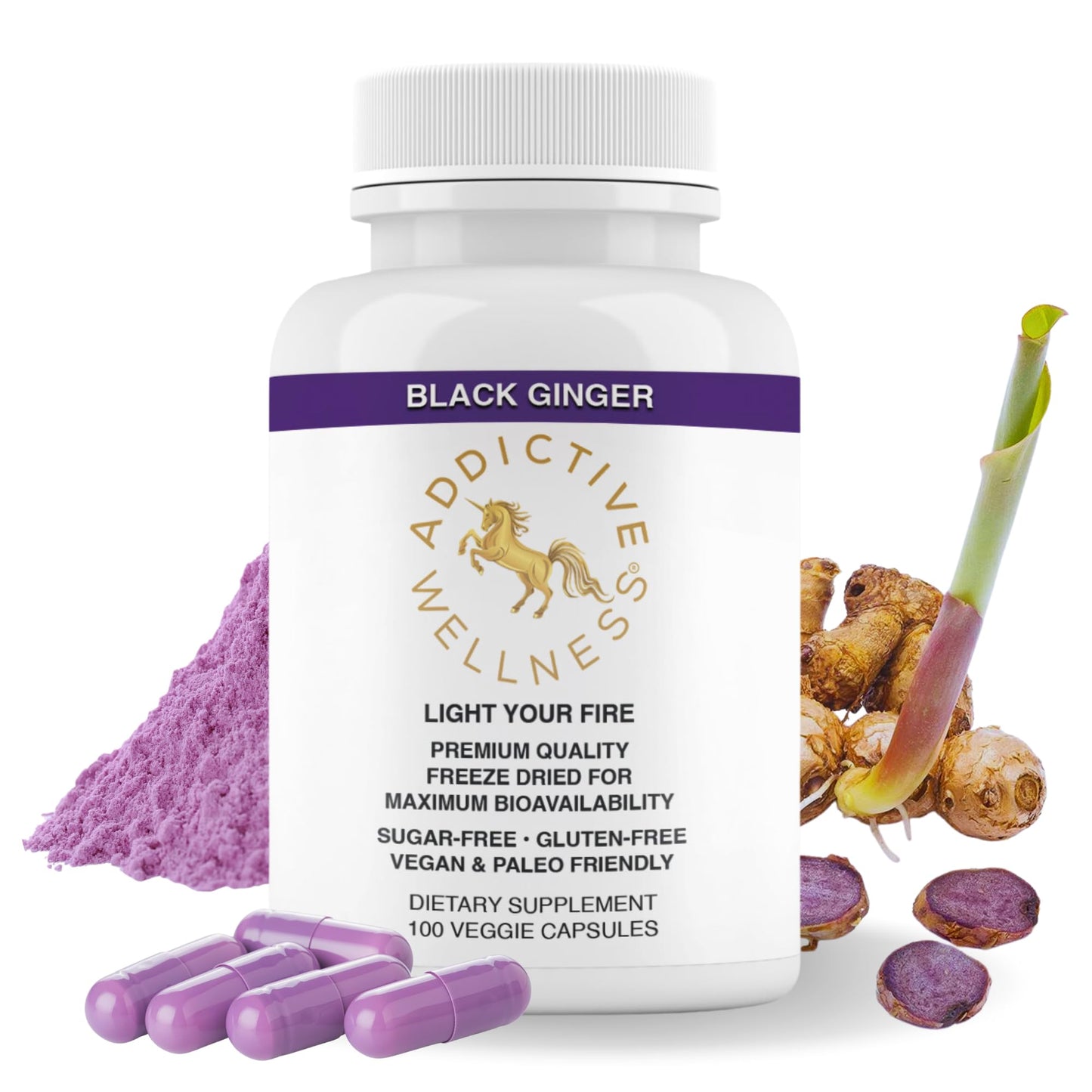 Addictive Wellness Black Ginger Capsules 450mg – Kaempferia Parviflora for Energy, Endurance & Metabolism | Vegan & Paleo | 100 Count