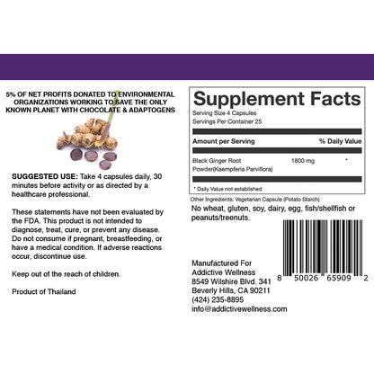 Addictive Wellness Black Ginger Capsules 450mg – Kaempferia Parviflora for Energy, Endurance & Metabolism | Vegan & Paleo | 100 Count
