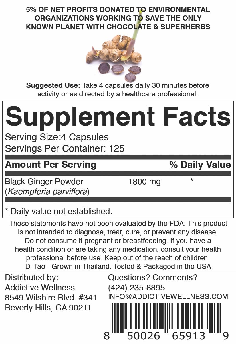 Addictive Wellness Black Ginger Capsules 450mg – Kaempferia Parviflora for Energy, Endurance & Metabolism | 500 Count