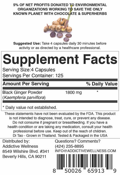 Addictive Wellness Black Ginger Capsules 450mg – Kaempferia Parviflora for Energy, Endurance & Metabolism | 500 Count