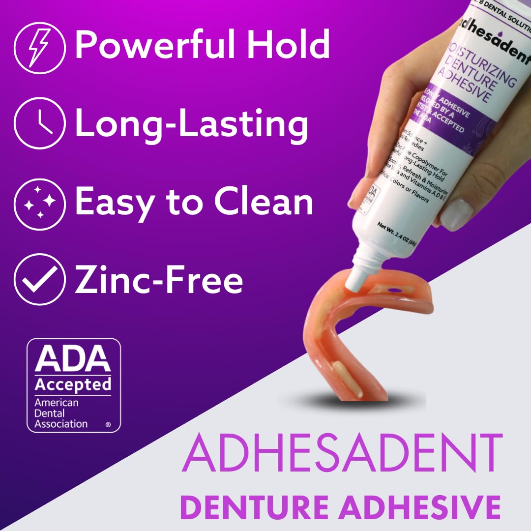 Dr. B Adhesadent Moisturizing Denture Adhesive – Zinc-Free, Natural Taste, ADA Approved – 4×0.75 oz Travel Pack