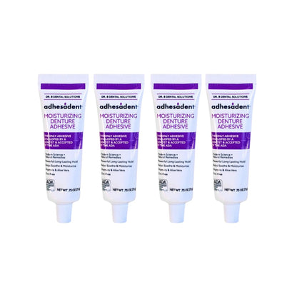 Dr. B Adhesadent Moisturizing Denture Adhesive – Zinc-Free, Natural Taste, ADA Approved – 4×0.75 oz Travel Pack