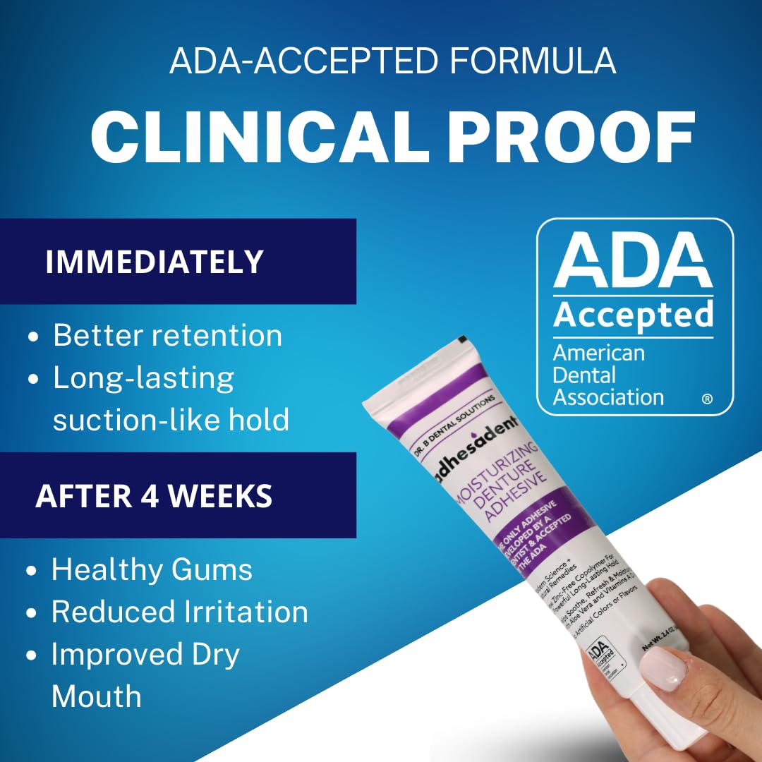 Dr. B Adhesadent Moisturizing Denture Adhesive – Zinc-Free, Natural Taste, ADA Approved – 4×0.75 oz Travel Pack