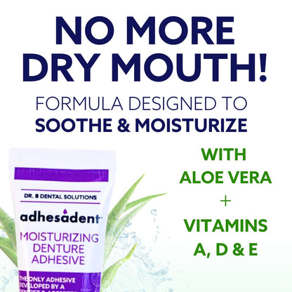 Dr. B Dental Solutions Adhesadent Moisturizing Denture Adhesive - Zinc-Free, Secure Hold for Dentures and Overdentures - Natural Taste | 2.4 oz