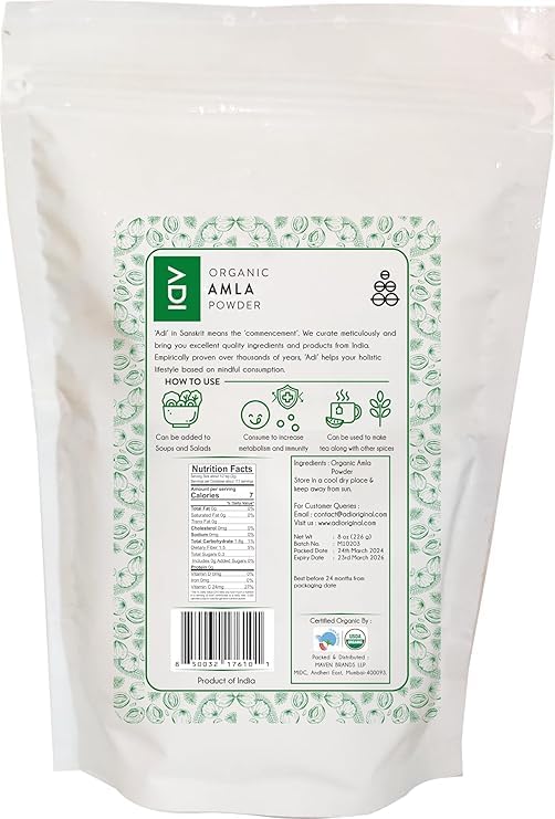ADI Organic Amla Powder 8oz - 100% Pure Amalaki, Hair Growth Support, USDA Organic