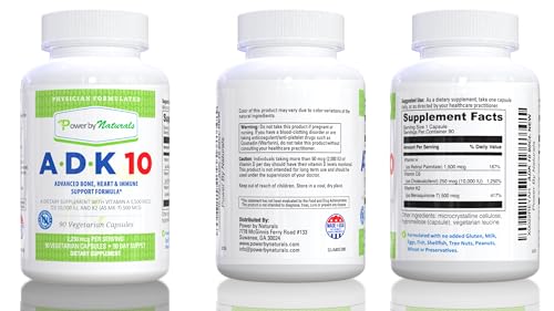 Power By Naturals ADK 10 Vitamin Supplement – A, D3 10,000 IU & K2 MK-7, 90 Capsules (3-Month Supply)