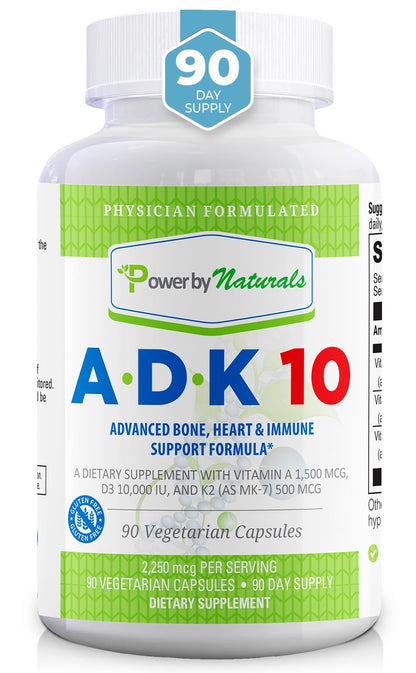 Power By Naturals ADK 10 Vitamin Supplement – A, D3 10,000 IU & K2 MK-7, 90 Capsules (3-Month Supply)