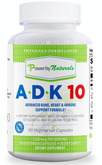 Power By Naturals ADK 10 Vitamin Supplement – A, D3 10,000 IU & K2 MK-7, 90 Capsules (3-Month Supply)