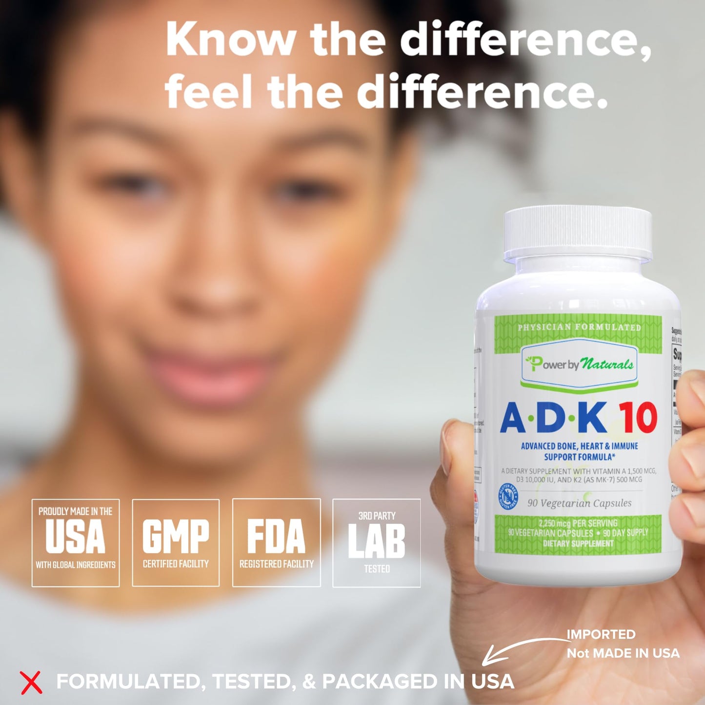 Power By Naturals ADK 10 Vitamin Supplement – A, D3 10,000 IU & K2 MK-7, 90 Capsules (3-Month Supply)