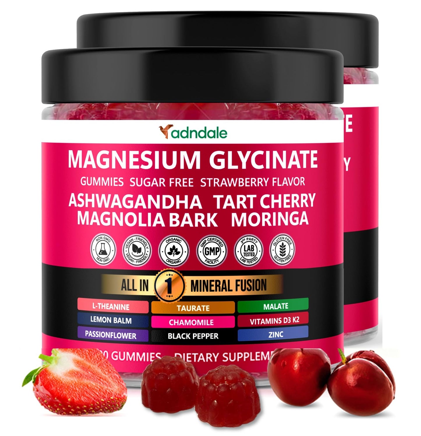 Adndale 180ct 15-in-1 Magnesium Glycinate Gummies 400 mg/serving with Ashwagandha, Tart Cherry & More