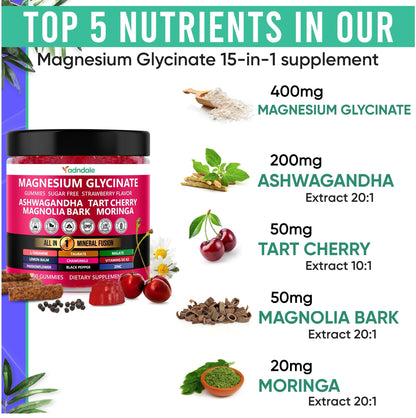 Adndale 180ct 15-in-1 Magnesium Glycinate Gummies 400 mg/serving with Ashwagandha, Tart Cherry & More