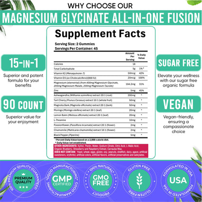 Adndale 180ct 15-in-1 Magnesium Glycinate Gummies 400 mg/serving with Ashwagandha, Tart Cherry & More
