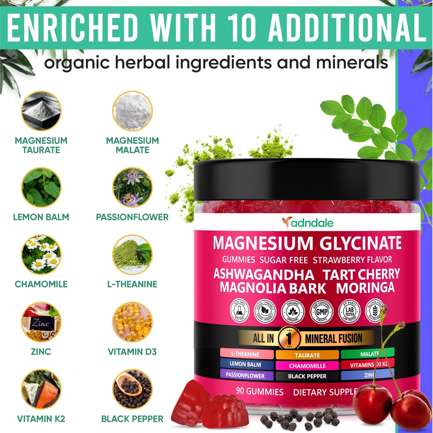 Adndale 180ct 15-in-1 Magnesium Glycinate Gummies 400 mg/serving with Ashwagandha, Tart Cherry & More