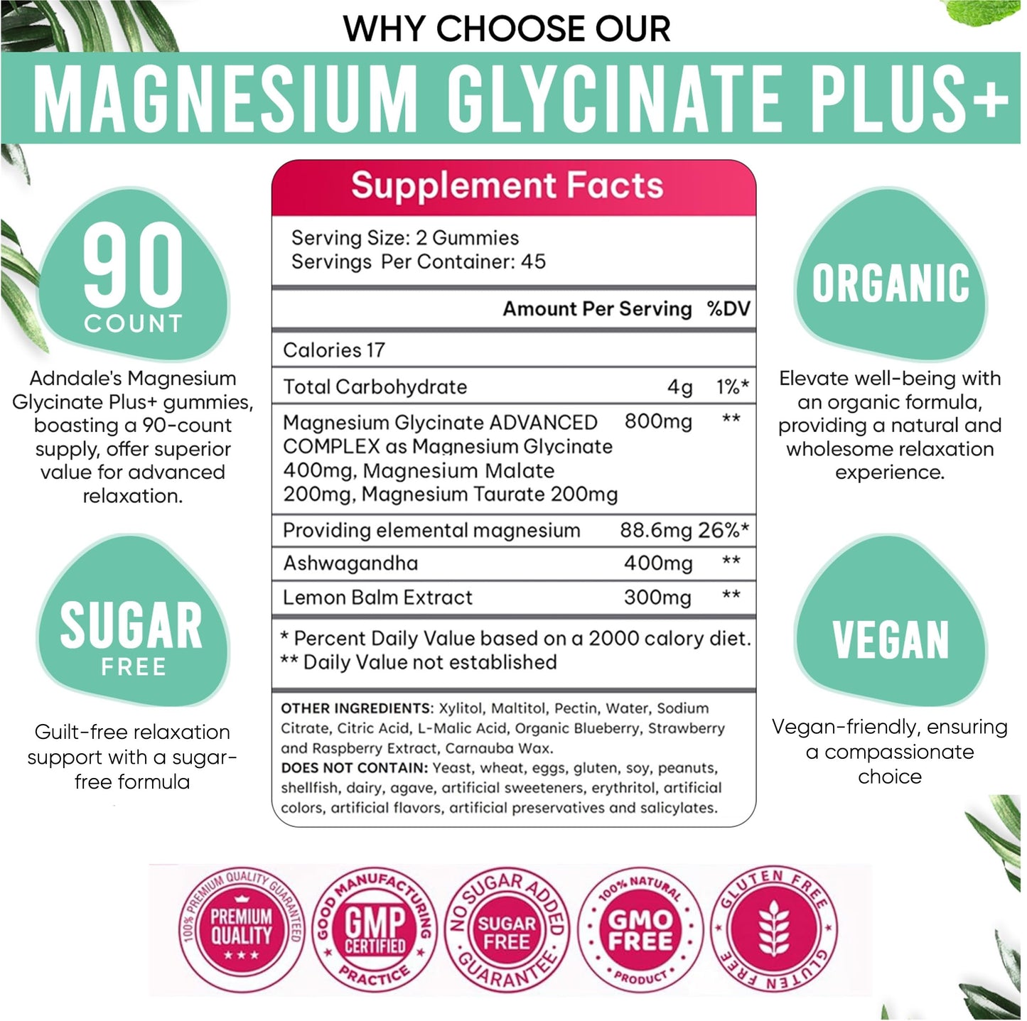 Adndale 90 ct Magnesium Glycinate Gummies with Ashwagandha & Taurate – Sugar-Free