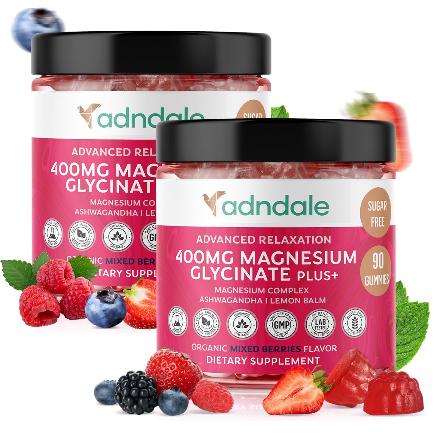 Adndale Magnesium Glycinate Gummies 180 CT with Ashwagandha, Malate & Taurate — Sugar-Free, Mixed Berry