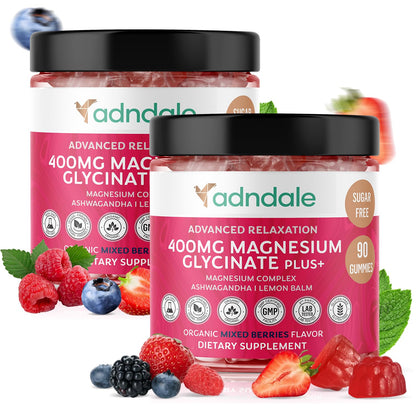 Adndale Magnesium Glycinate Gummies 180 CT with Ashwagandha, Malate & Taurate — Sugar-Free, Mixed Berry