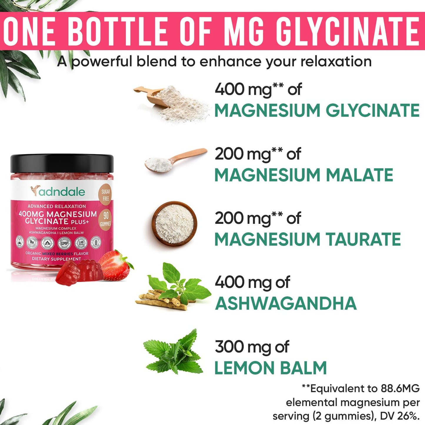 Adndale Magnesium Glycinate Gummies 180 CT with Ashwagandha, Malate & Taurate — Sugar-Free, Mixed Berry