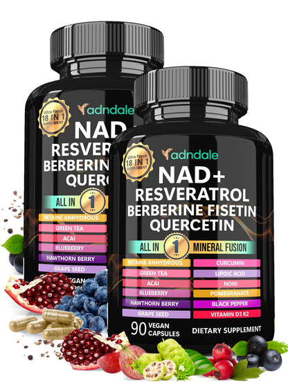 Adndale NAD Supplement – Longevity Formula with NAD+, Trans-Resveratrol, Berberine, Quercetin, 180 Capsules