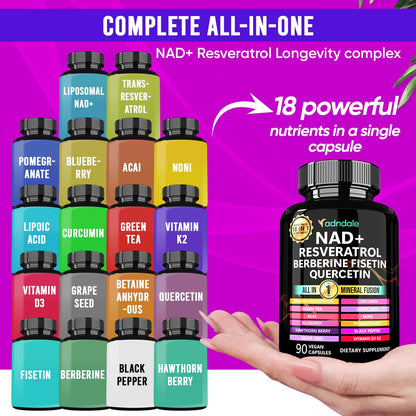 Adndale NAD Supplement – Longevity Formula with NAD+, Trans-Resveratrol, Berberine, Quercetin, 180 Capsules