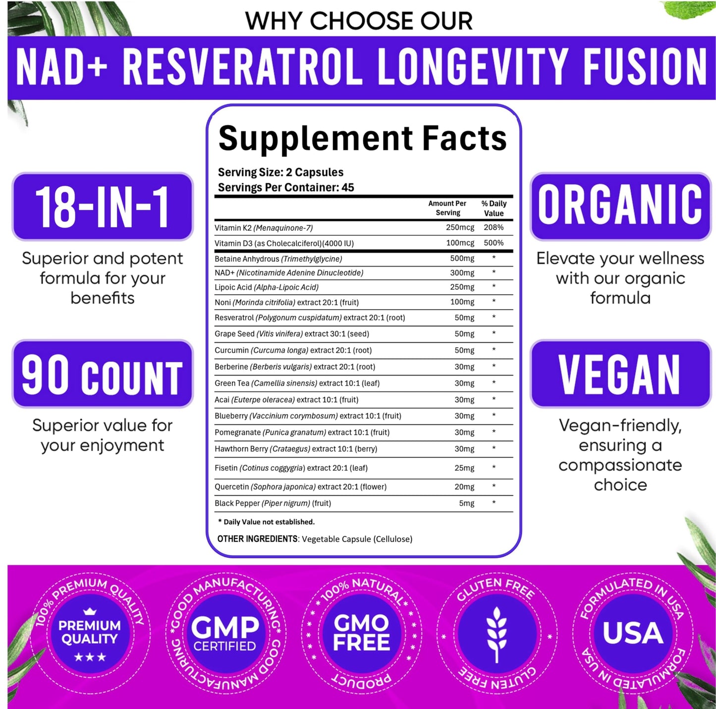 Adndale NAD Supplement – Longevity Formula with NAD+, Trans-Resveratrol, Berberine, Quercetin, 180 Capsules