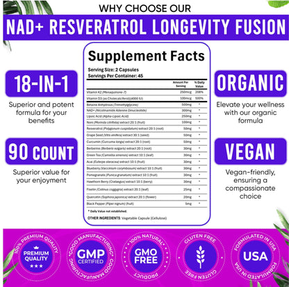 Adndale NAD Supplement – Longevity Formula with NAD+, Trans-Resveratrol, Berberine, Quercetin, 180 Capsules