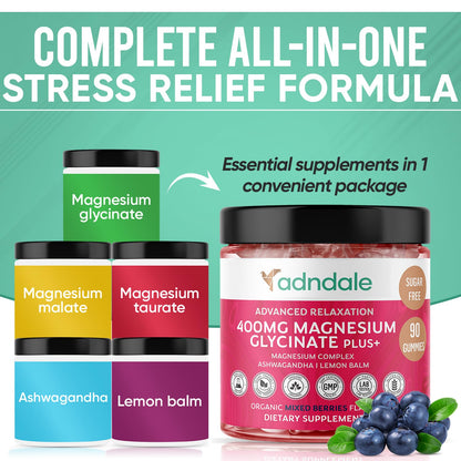 Adndale Magnesium Glycinate Gummies 180 CT with Ashwagandha, Malate & Taurate — Sugar-Free, Mixed Berry