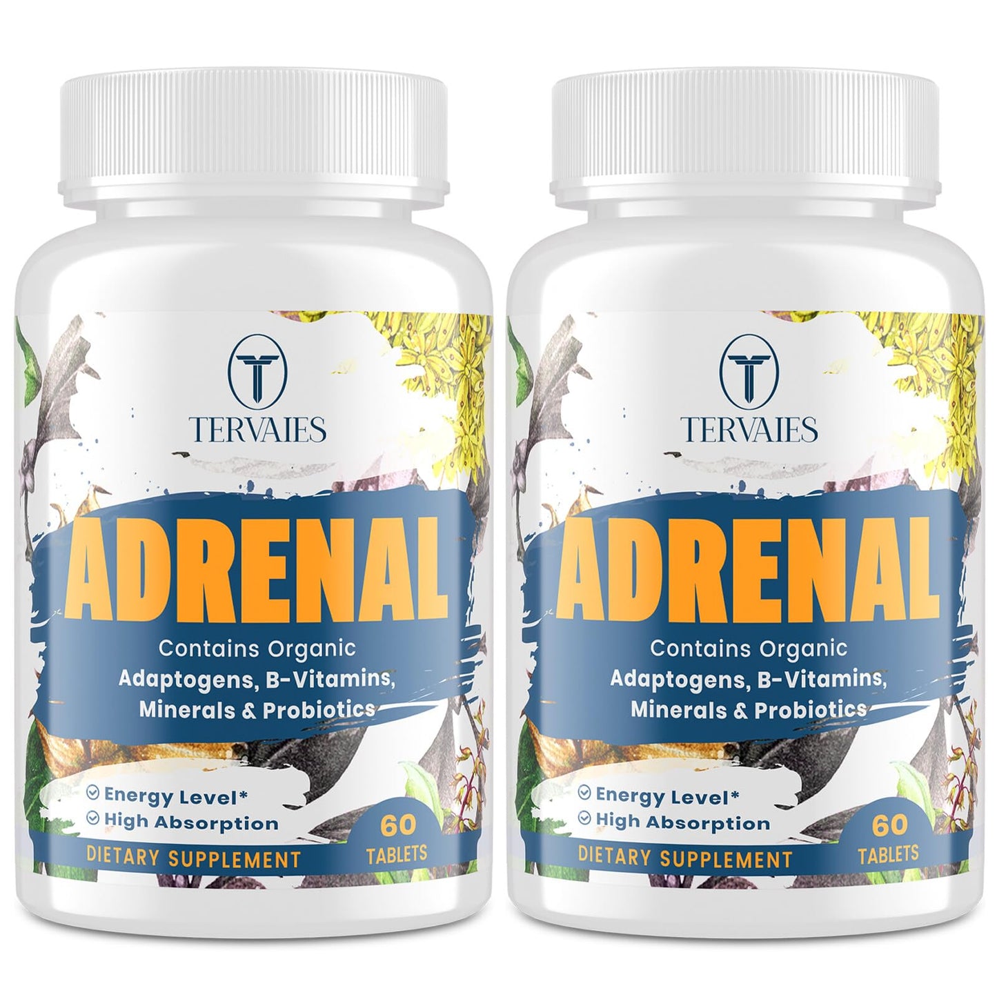 Tervaies Adrenal Support Adaptogen Supplements – Rhodiola, Ashwagandha, Holy Basil & Eleuthero | 120 Vegan Tablets
