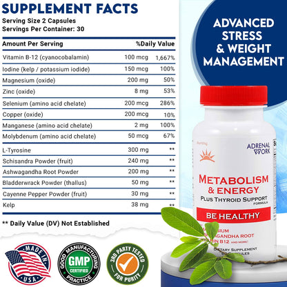 Adrenalwork Adrenal Support & Energy – Ashwagandha Capsules for Mood, Focus & Metabolism (60 Capsules)