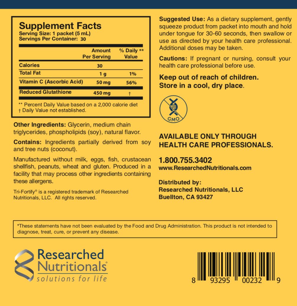 Researched Nutritionals Liposomal Glutathione 450mg Orange 5oz | Tri-Fortify Liquid Gel + Vitamin C – Immune Support & Detox