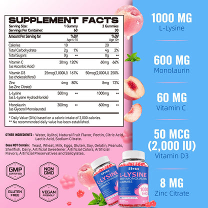 L-Lysine Gummies 1000mg with Monolaurin – Sugar-Free Peach Immune Support (60 Count)