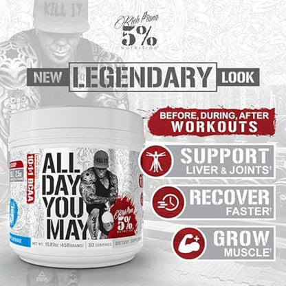 5% Nutrition Rich Piana AllDayYouMay BCAA Powder – Intra & Post-Workout Aminos, Hydration, Endurance (Fruit Punch) 16.93 oz