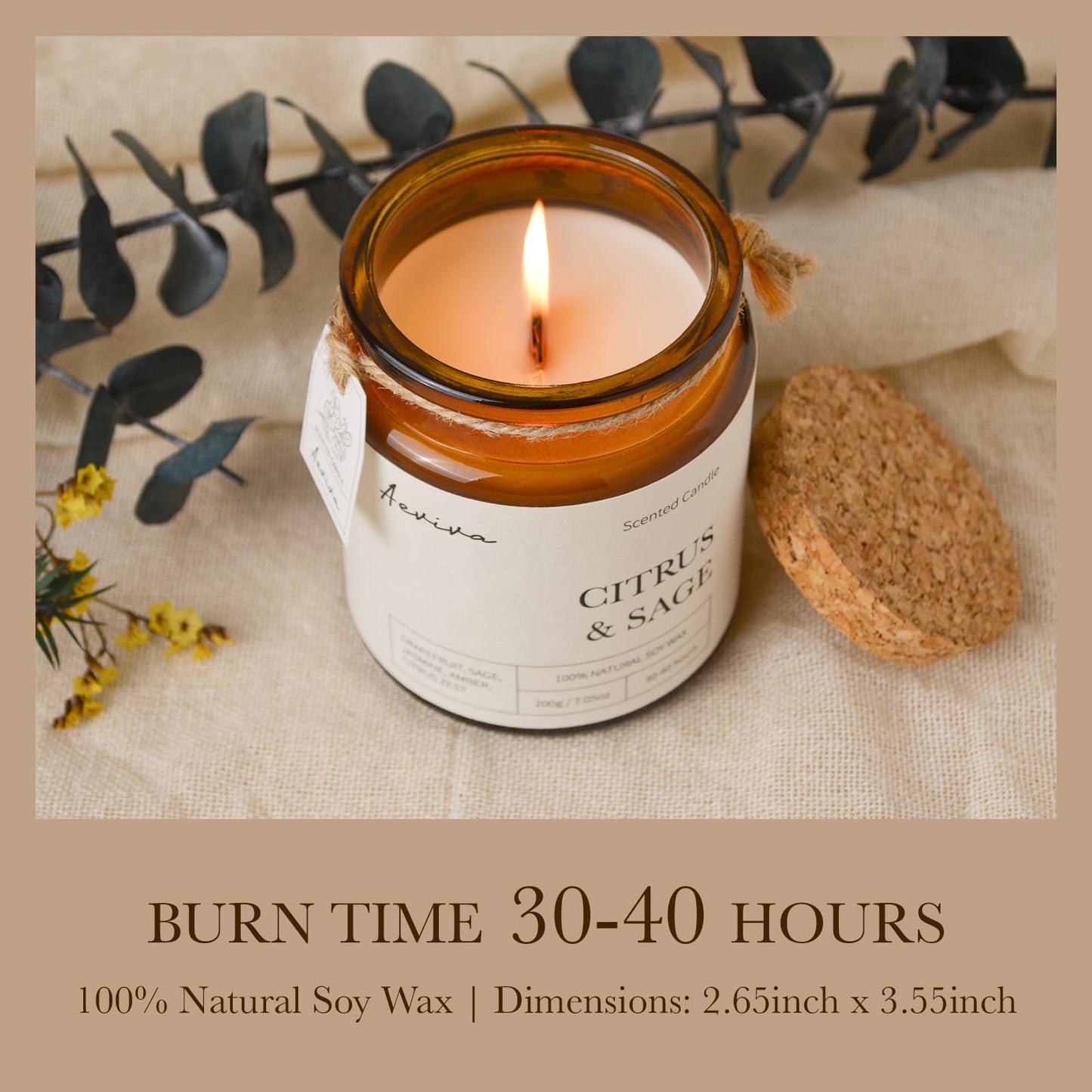 Aeviva Citrus & Sage Scented Candle – 7.05 oz Natural Soy Wax, Double Wood Wick, Amber Jar Gift