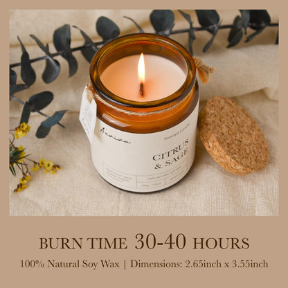 Aeviva Citrus & Sage Scented Candle – 7.05 oz Natural Soy Wax, Double Wood Wick, Amber Jar Gift