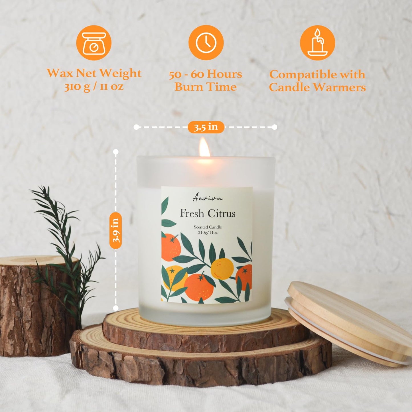 Aeviva Fresh Citrus Scented Candle – 11oz Soy Wax, 60h Burn