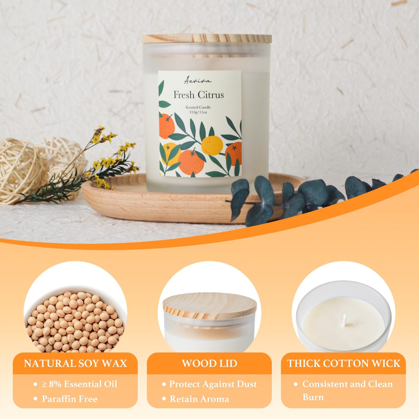 Aeviva Fresh Citrus Scented Candle – 11oz Soy Wax, 60h Burn