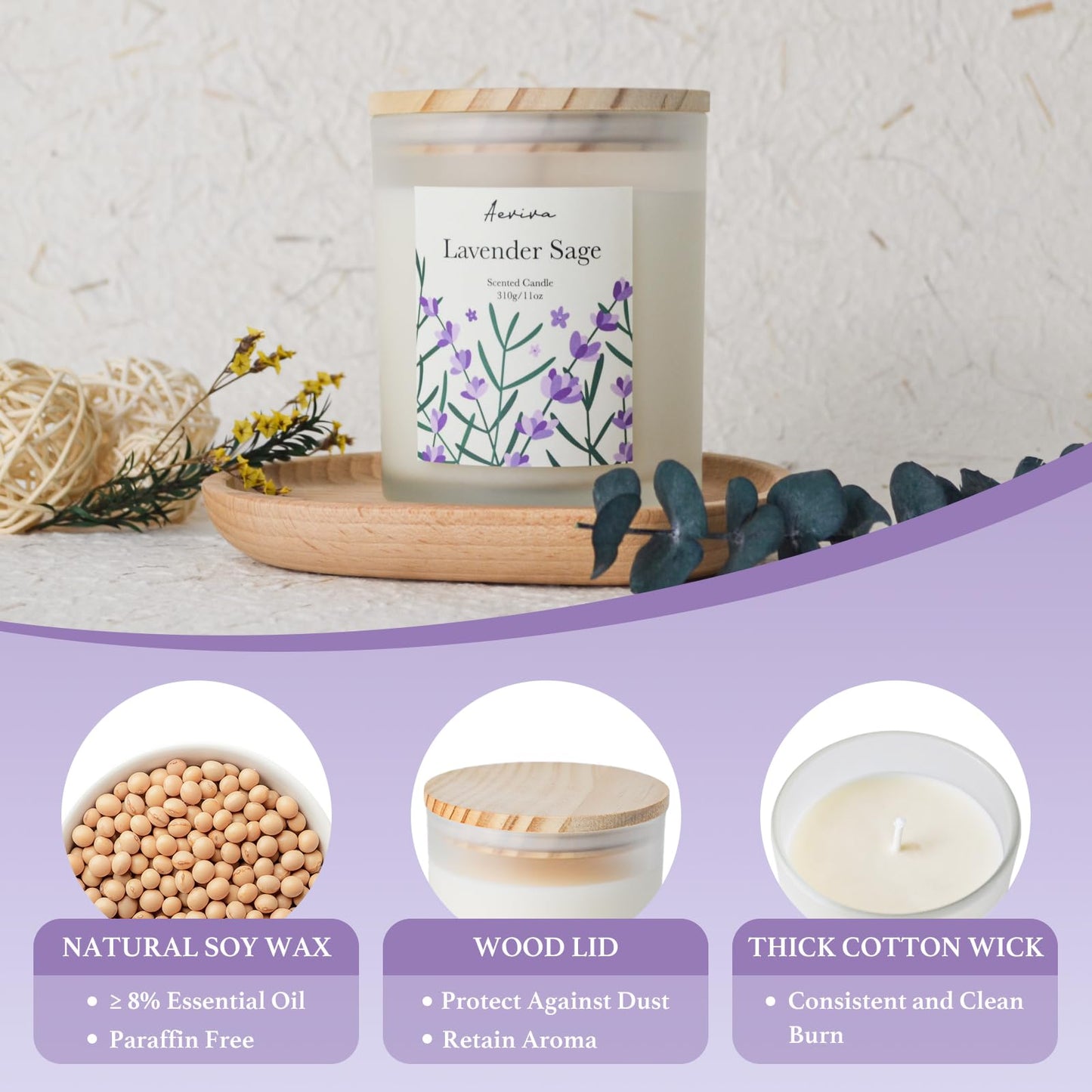 Aeviva Lavender Sage Scented Candle – 11oz Soy Wax, 60 Hour Burn